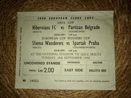Hibernians - Partizan 18.09.1990. Ulaznica