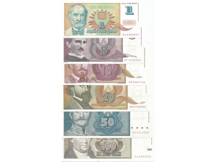 Jugoslavija 1-5-10-20-50-100 novih dinara 1994/96.UNC