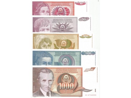 Jugoslavija 10-50-100-500-1000 dinara 1990. UNC