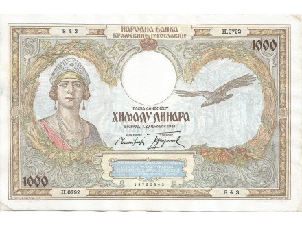 Kraljevina Jugoslavija 1000 dinara 1931.