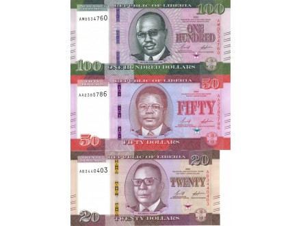LIBERIA set 20, 50 i 100 Dollars 2022 UNC