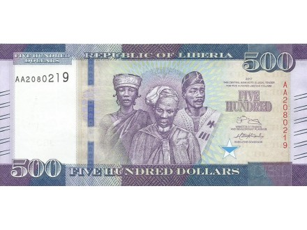 Liberia 500 dollars 2017. UNC