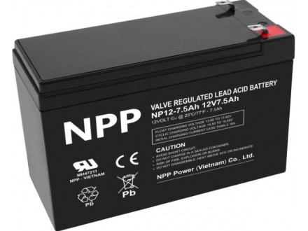 NPP NP12V-7.5Ah, AGM BATTERY,  C20=7.5AH, T1, 151x65x94x100, 2,07KG, BLACK