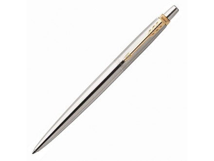 Parker Jotter Ballpoint Pen, Stainless Steel with Golden Trim, Medium Point Blue Ink - Parker