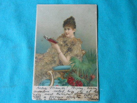 embossed postcard girl with the book `mixed media
