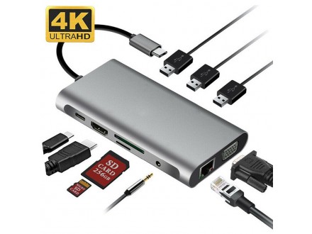 10 in 1 tip C USB-C 4K HDMI VGA LAN USB 3.0 Hub Macbook