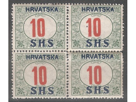 1918 - SHS Hrvatska Porto 10 filer MNH cetverac