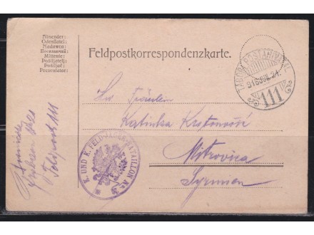 Austrougarska 1915 Kuk Feldpost dopisnica za Mitrovicu