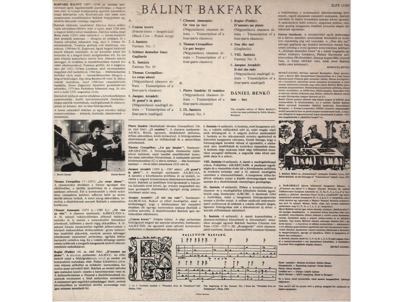 BAKFARK/DANIEL BENKO - Lute Music Played By...