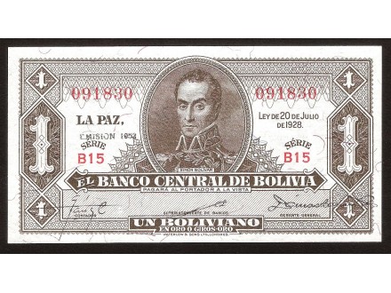 BOLIVIJA 1 bolivijano 1928 (1952) UNC