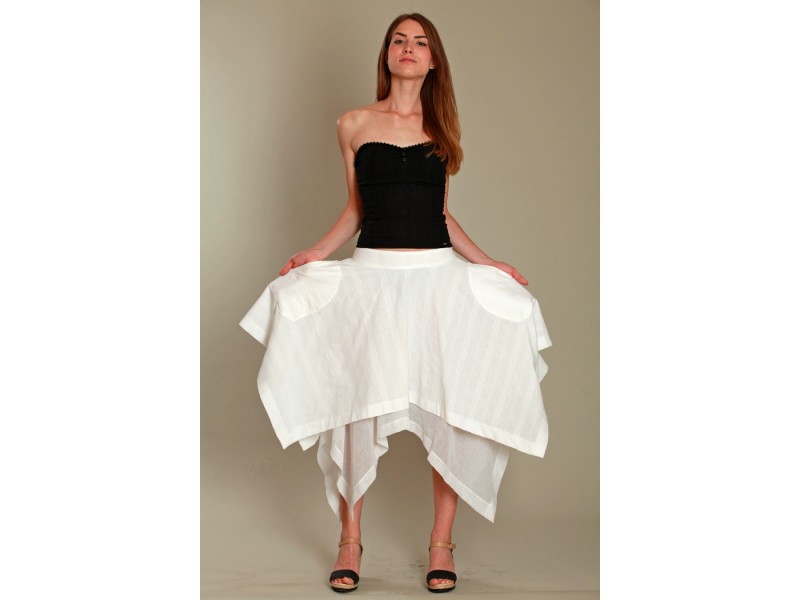 Bela asimetrična pamučna suknja sa džepovima
