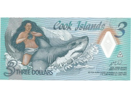 Cook Islands 3 dollars 2021. UNC Polimer