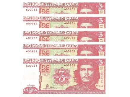 Cuba 3 pesos 2004. UNC x 5 kom.