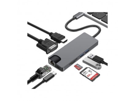 E-green Adapter USB 3.1 Tip C (M) - HDMI+VGA+2X 3.0 USB + tip C + SD (F) + RJ45