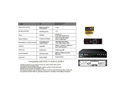 GMB-TDT-033 **DVB-T2/C SET TOP BOX USB/HDMI/Scart/RF-out, PVR, Full HD,H264, hdmi-kabl 1459