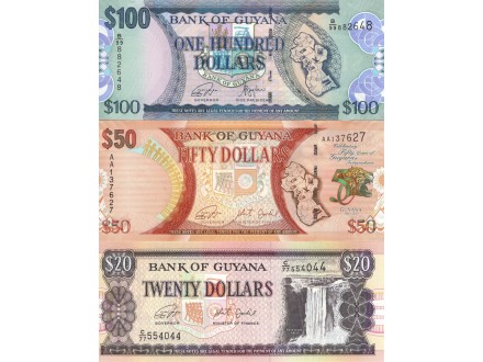 GUYANA set 20, 50 i 100 Dollars 2016/2022 UNC
