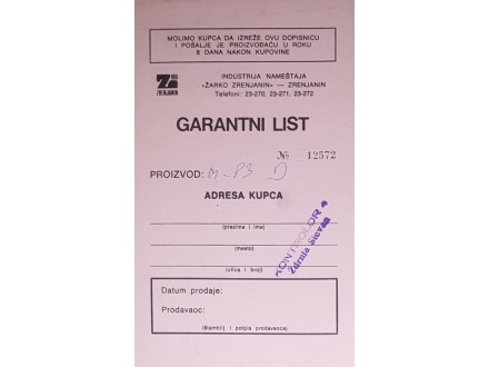 Garantni List `ŽARKO ZRENJANIN` Jugoslavija