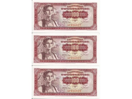 Jugoslavija 100 dinara 1963. UNC x 3 kom.
