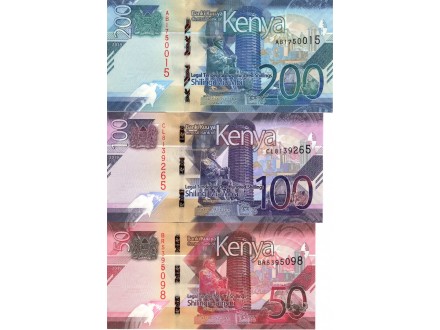 KENYA Kenia lot 50, 100 i 200 Shillings 2019 UNC