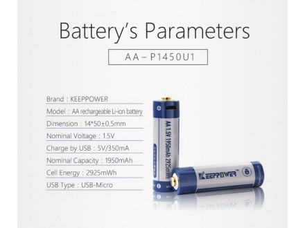 KeepPower 1.5V AA 1950mAh 2925mWh micro USB Charging Ba