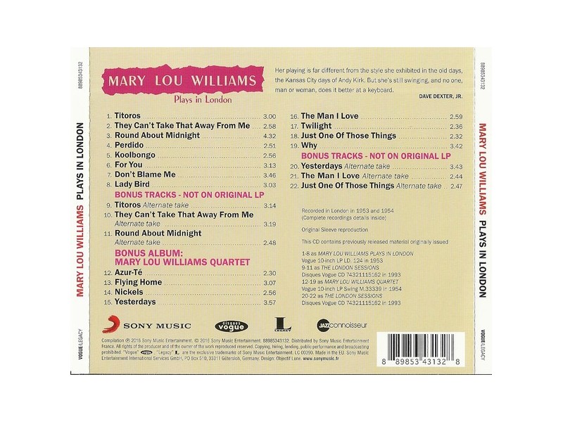 Mary Lou Williams- Plays In London(cd)1953-4/re 2016