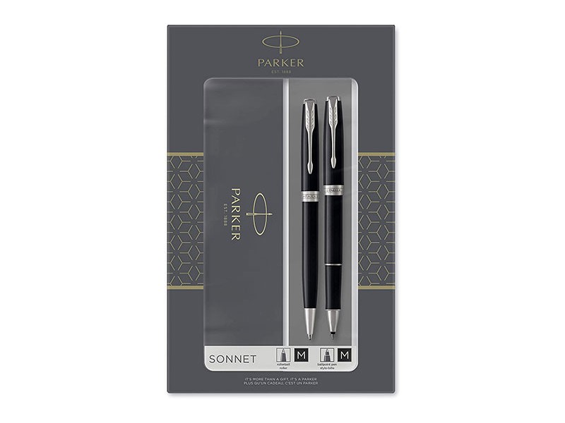 Parker Sonnet Duo Gift Set with Ballpoint Pen &; Fountain Pen (18K Gold Nib), Gloss Black with Gold Trim - Parker