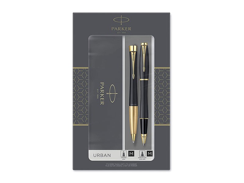 Parker Urban Duo Gift Set with Ballpoint Pen &; Rollerball Pen, Muted Black with Gold Trim - Parker