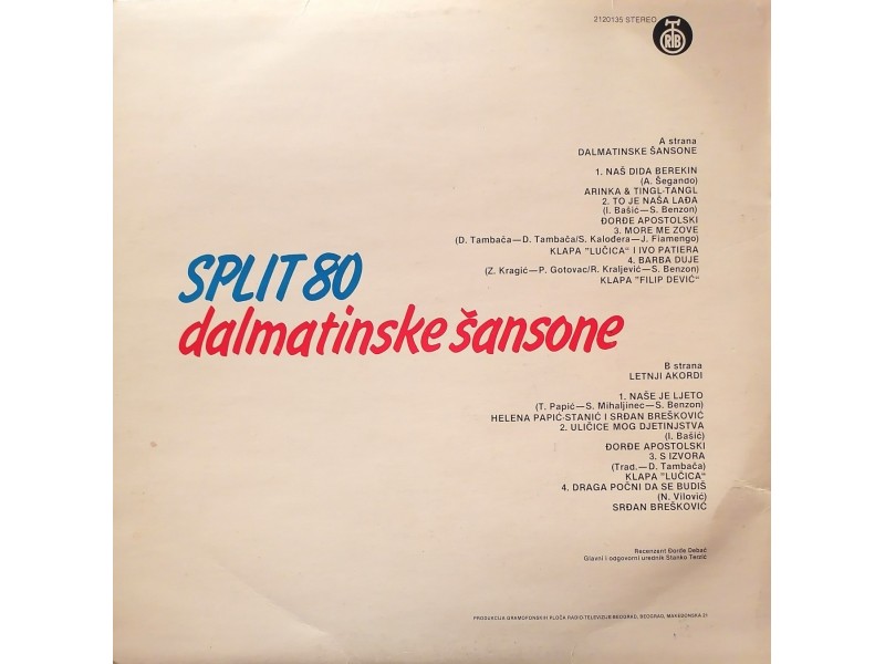 SPLIT 80 - Dalmatinske šansone..Razni izvođači