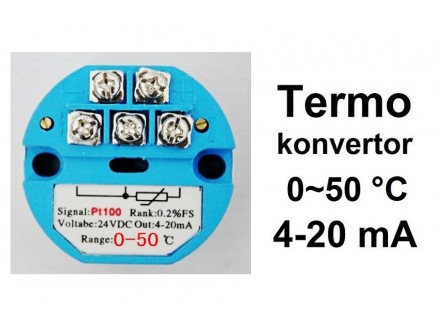 Termo konvertor - PT100 - 4-20mA - 24V 0~50°C