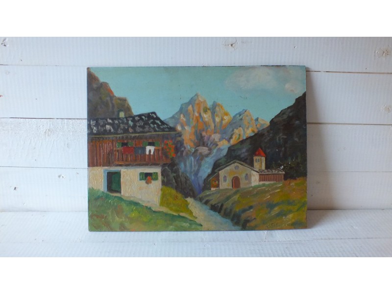 Ulje na lesonitu, motiv Alpsko selo iz 1954g.