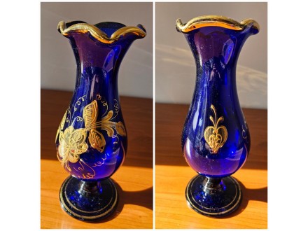 Vintage vaza kobalt staklo slikano zlatom, ručni rad